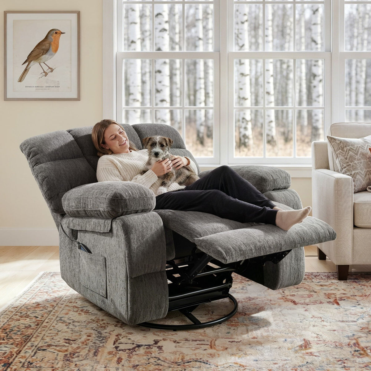 360° Swivel Rocker Recliner Chair with Heat & 8 Massage Modes, 3-Position Adjustable Backrest, Chenille Upholstery, Bluetooth Speaker, USB Charging Port, Side Pocket, 24.4" Wide Seat, 300 lb Capacity