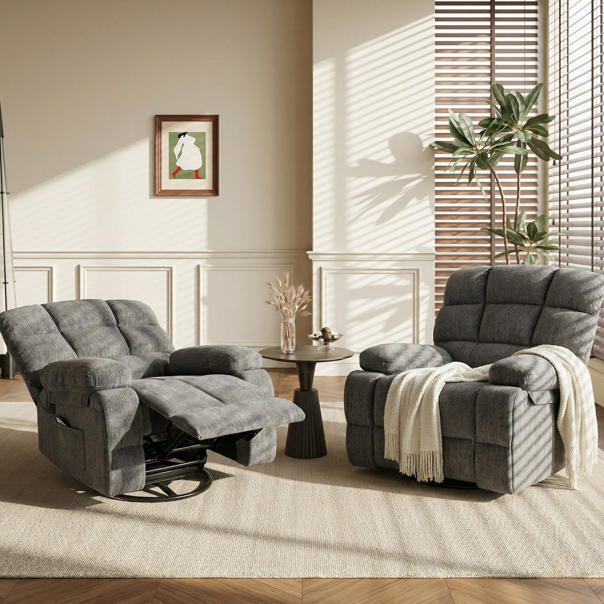 360° Swivel Rocker Recliner Chair with Heat & 8 Massage Modes, 3-Position Adjustable Backrest, Chenille Upholstery, Bluetooth Speaker, USB Charging Port, Side Pocket, 24.4" Wide Seat, 300 lb Capacity