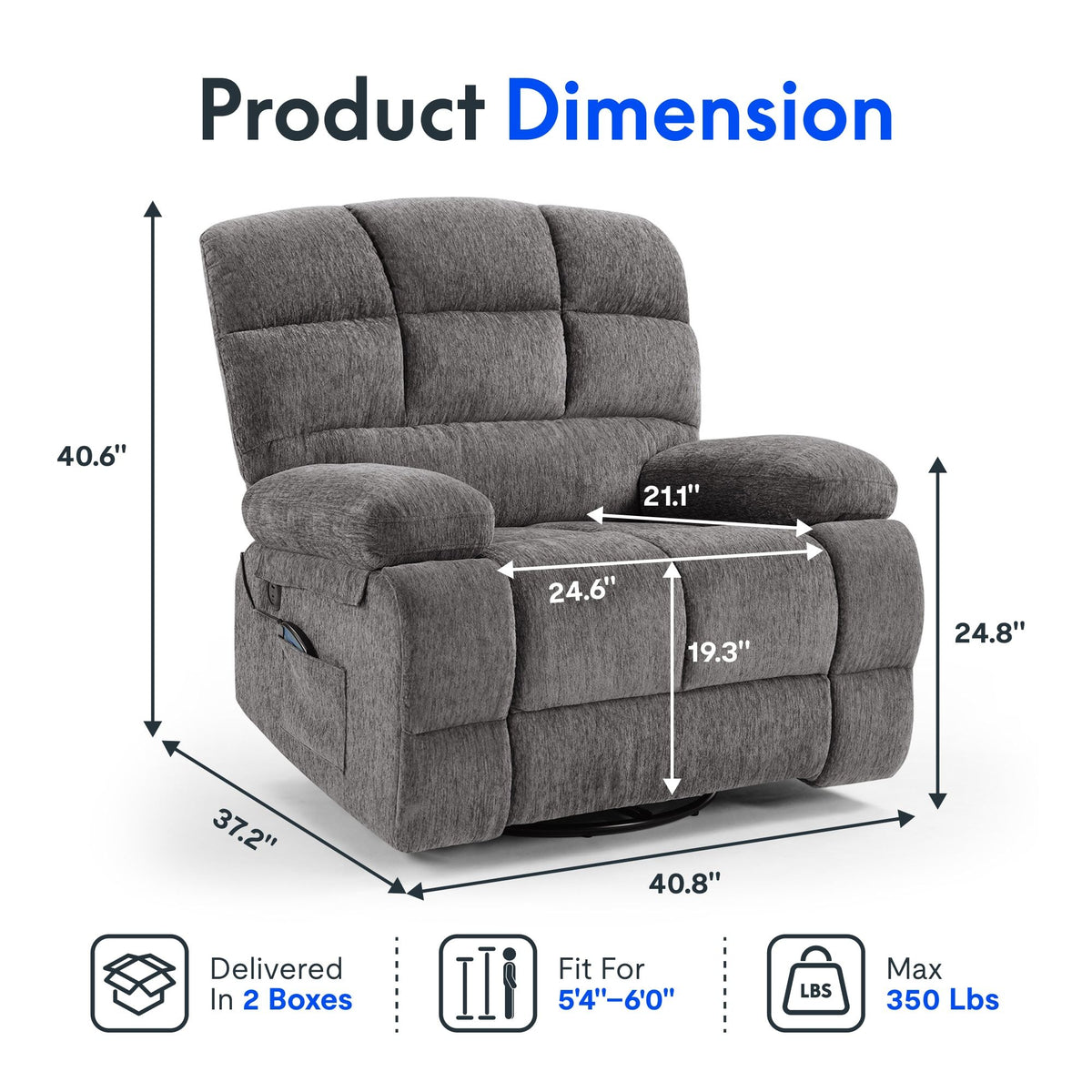 360° Swivel Rocker Recliner Chair with Heat & 8 Massage Modes, 3-Position Adjustable Backrest, Chenille Upholstery, Bluetooth Speaker, USB Charging Port, Side Pocket, 24.4" Wide Seat, 300 lb Capacity
