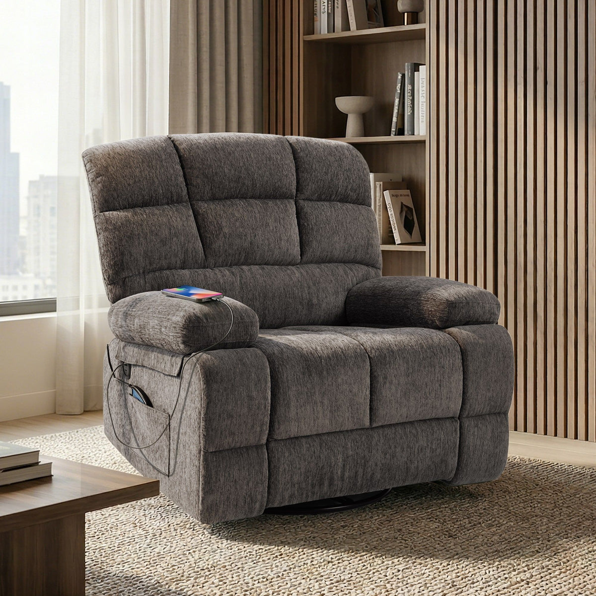 360° Swivel Rocker Recliner Chair with Heat & 8 Massage Modes, 3-Position Adjustable Backrest, Chenille Upholstery, Bluetooth Speaker, USB Charging Port, Side Pocket, 24.4" Wide Seat, 300 lb Capacity