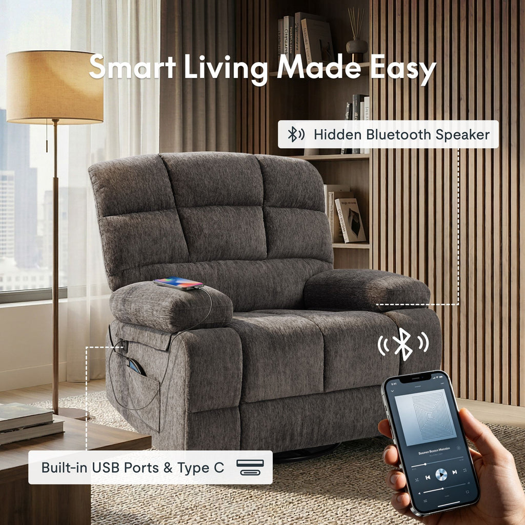 360° Swivel Rocker Recliner Chair with Heat & 8 Massage Modes, 3-Position Adjustable Backrest, Chenille Upholstery, Bluetooth Speaker, USB Charging Port, Side Pocket, 24.4" Wide Seat, 300 lb Capacity