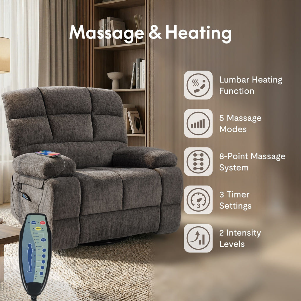 360° Swivel Rocker Recliner Chair with Heat & 8 Massage Modes, 3-Position Adjustable Backrest, Chenille Upholstery, Bluetooth Speaker, USB Charging Port, Side Pocket, 24.4" Wide Seat, 300 lb Capacity