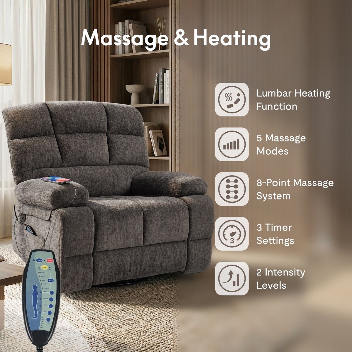 360° Swivel Rocker Recliner Chair with Heat & 8 Massage Modes, 3-Position Adjustable Backrest, Chenille Upholstery, Bluetooth Speaker, USB Charging Port, Side Pocket, 24.4" Wide Seat, 300 lb Capacity