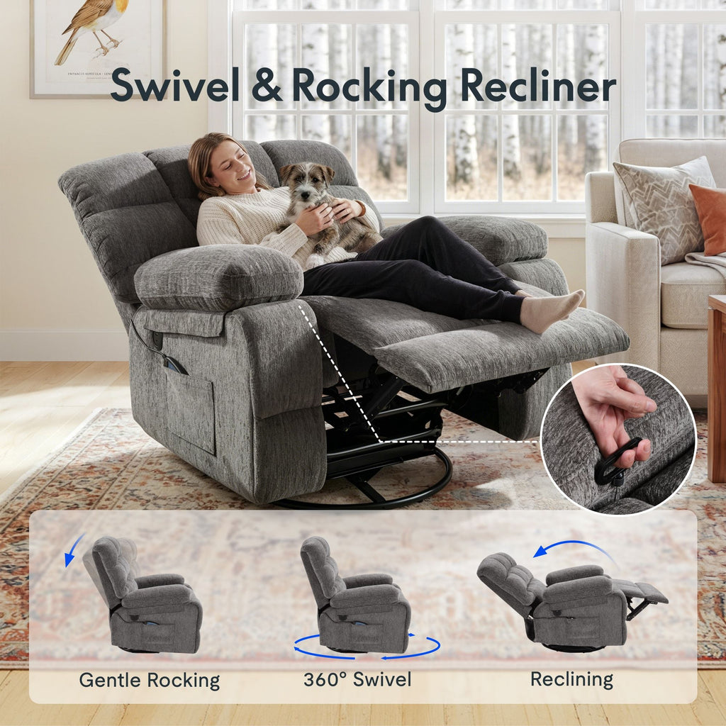 360° Swivel Rocker Recliner Chair with Heat & 8 Massage Modes, 3-Position Adjustable Backrest, Chenille Upholstery, Bluetooth Speaker, USB Charging Port, Side Pocket, 24.4" Wide Seat, 300 lb Capacity