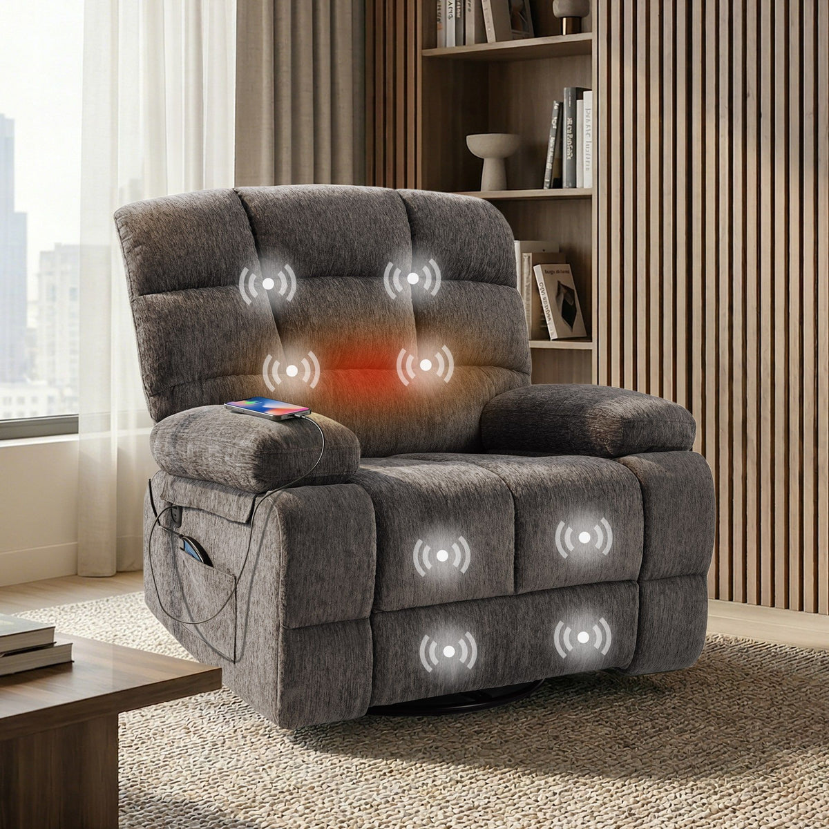 360° Swivel Rocker Recliner Chair with Heat & 8 Massage Modes, 3-Position Adjustable Backrest, Chenille Upholstery, Bluetooth Speaker, USB Charging Port, Side Pocket, 24.4" Wide Seat, 300 lb Capacity