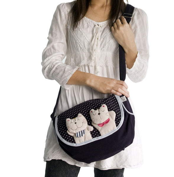 [Lazy Cat] 100% Cotton Canvas Shoulder Bag / Swingpack / Travel Bag
