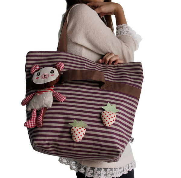 [Rabbit & Cherry] 100% Cotton Canvas Shoulder Tote Bag / Shopper Bag