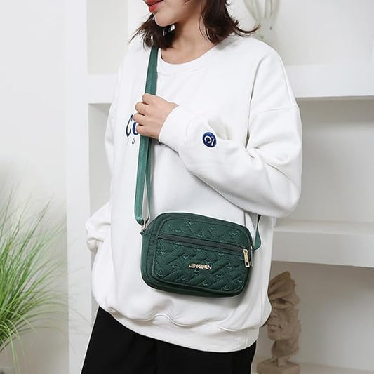 Quilted Crossbody Bags for Women - Oxford Cloth Multi-Layer Shoulder Handbag with Wide Strap -Casual Embroidery Business Bag