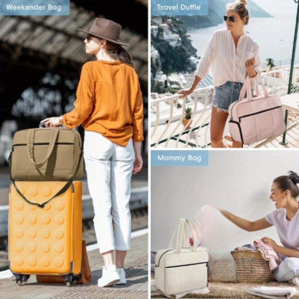 Weekender Travel Bag for Women Puffer Tote Bag Carry On Duffel Overnight Bags with Shoe Compartment Black