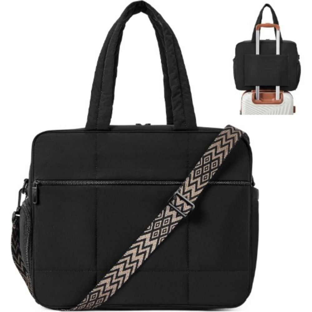 Weekender Travel Bag for Women Puffer Tote Bag Carry On Duffel Overnight Bags with Shoe Compartment Black
