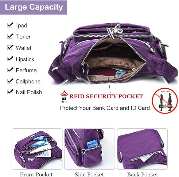 Waterproof Nylon Crossbody Bag for Women Mulit-Pockets Shoulder Bag Outdoor Travel Purses and Handbag
