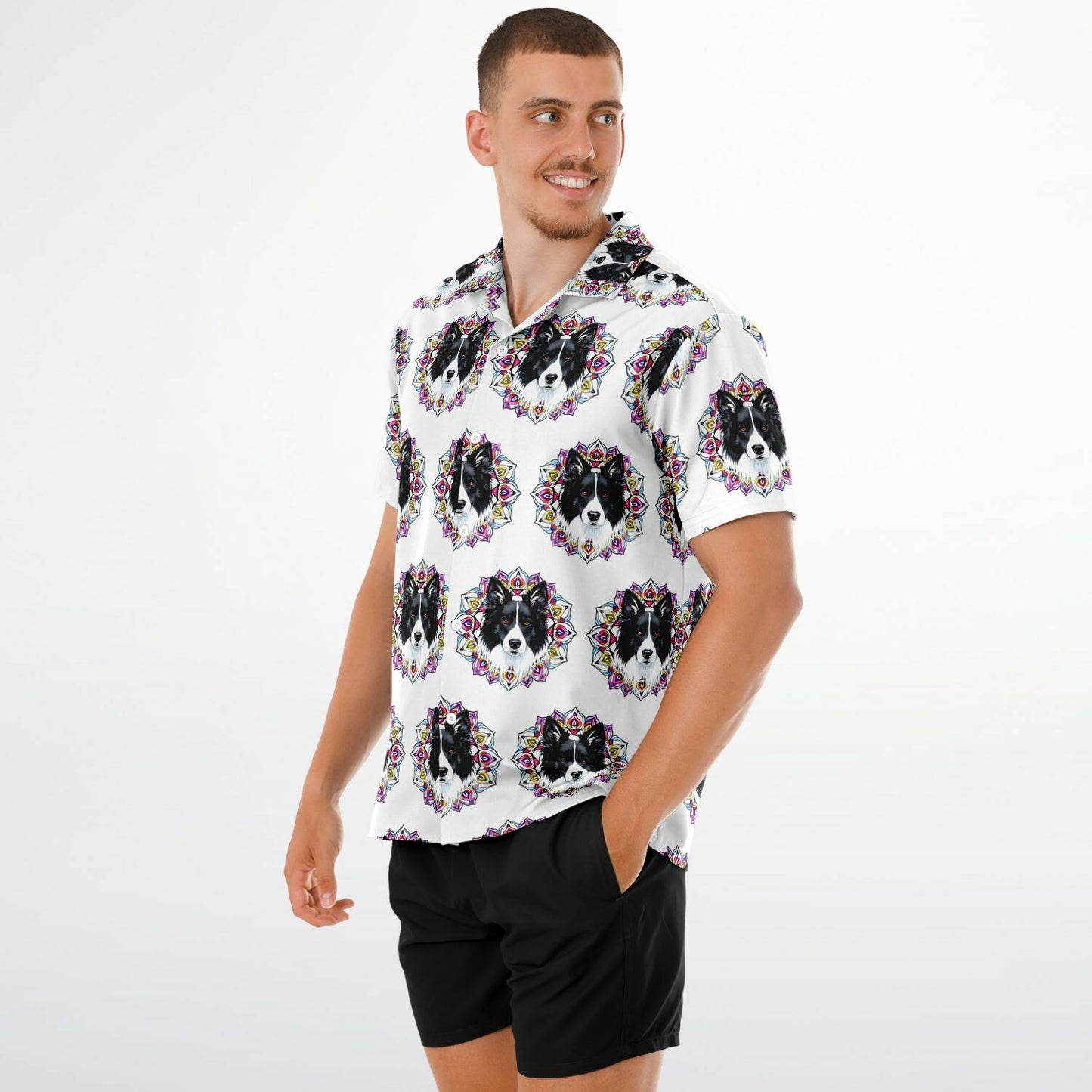 All-Over Dog Print Button-Down Shirt - Short Sleeve Spread Collar