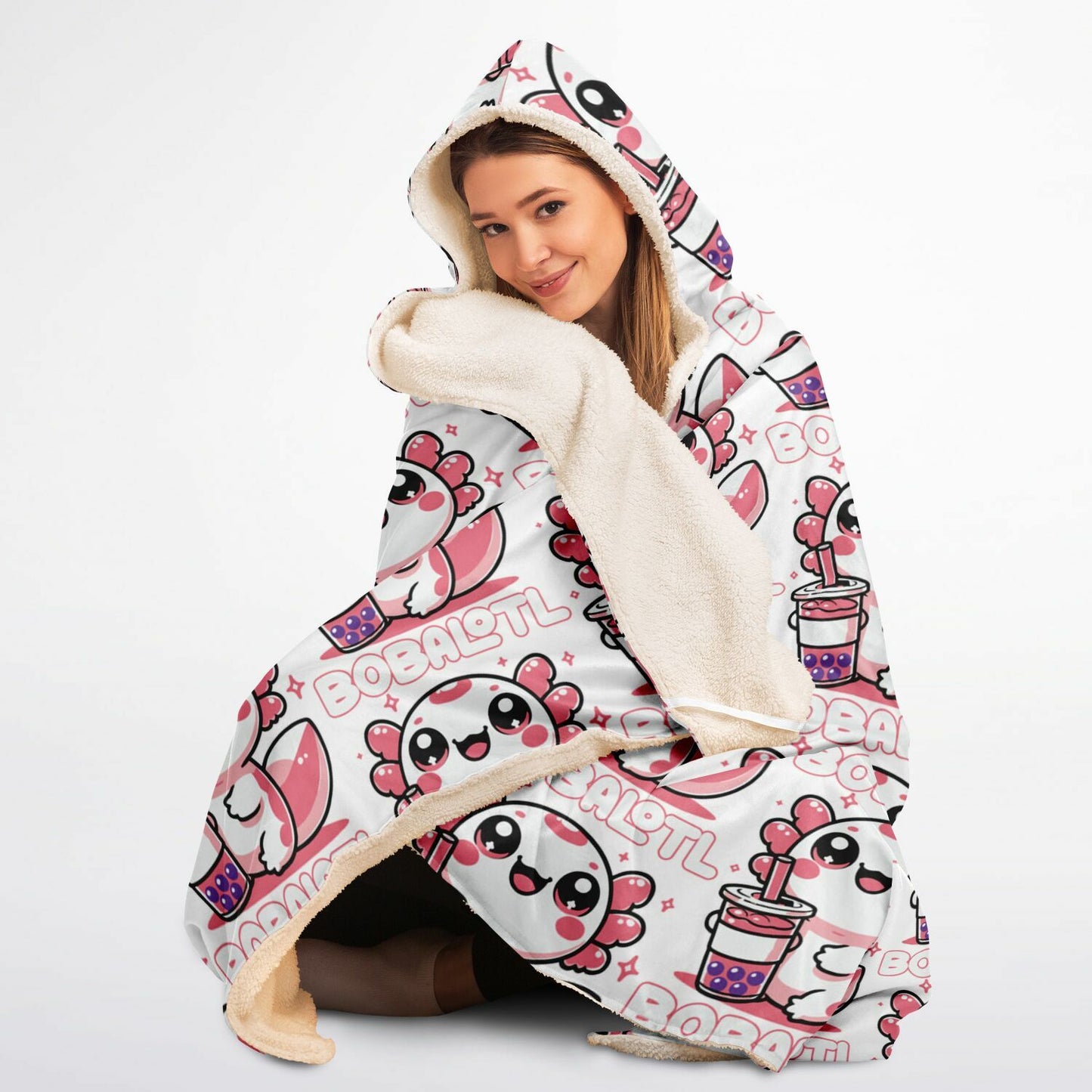 Axolotl Boba Tea Kawaii Bobalotl Hooded Blanket - Ultra Soft Micro Fleece