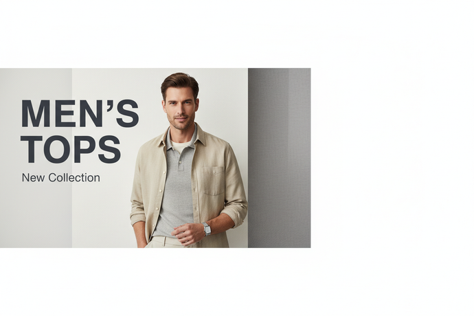 Design a clean, modern banner for the MEN’S TOPS collection. Include a stylish male model wearing trendy tops such as t-shirts, polos, and casual shirts. Use soft studio lighting with neutral colors for a premium retail look. Keep the background minimal and aesthetic. Add bold, stylish text inside the image that says ‘MEN’S TOPS’. Style direction similar to Uniqlo and H&M men’s campaigns.