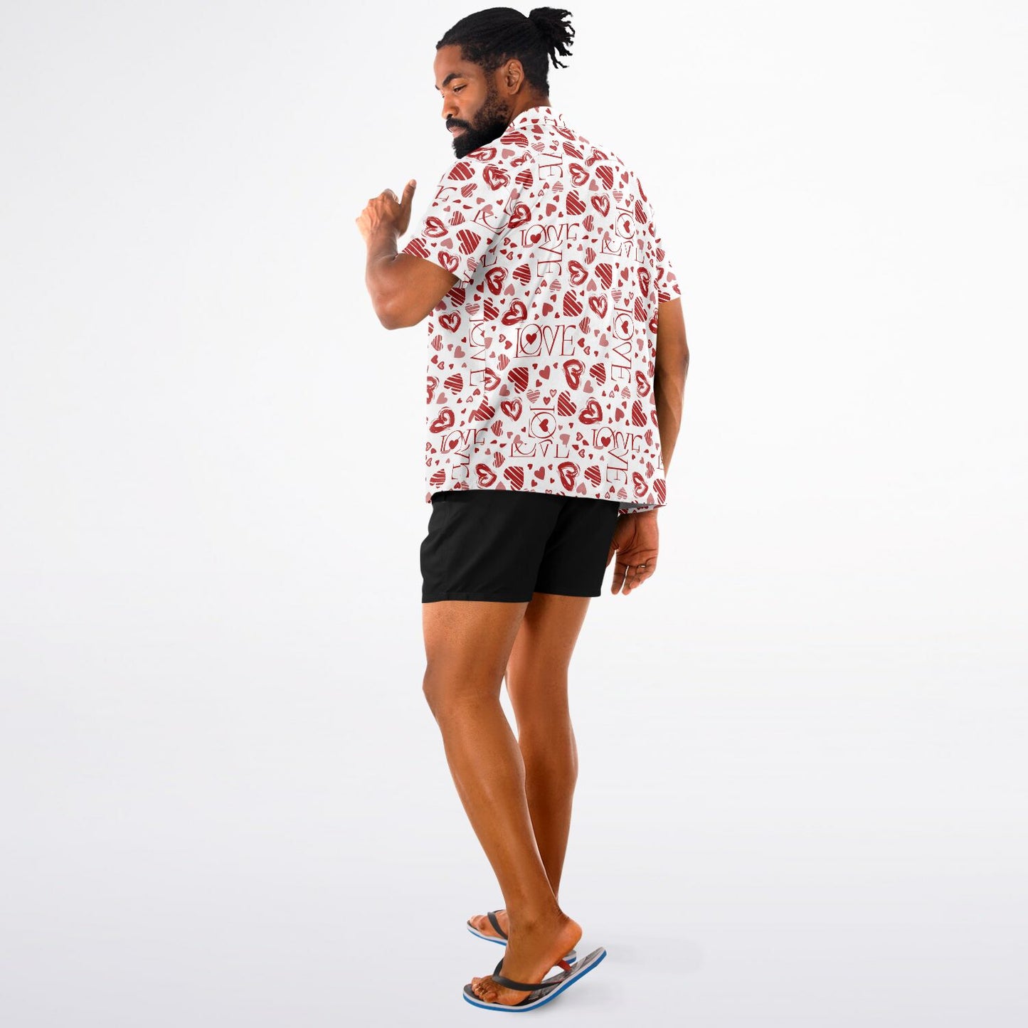 Heart patterned- Spread Collar Short Sleeve Button-Down Shirt - AOP