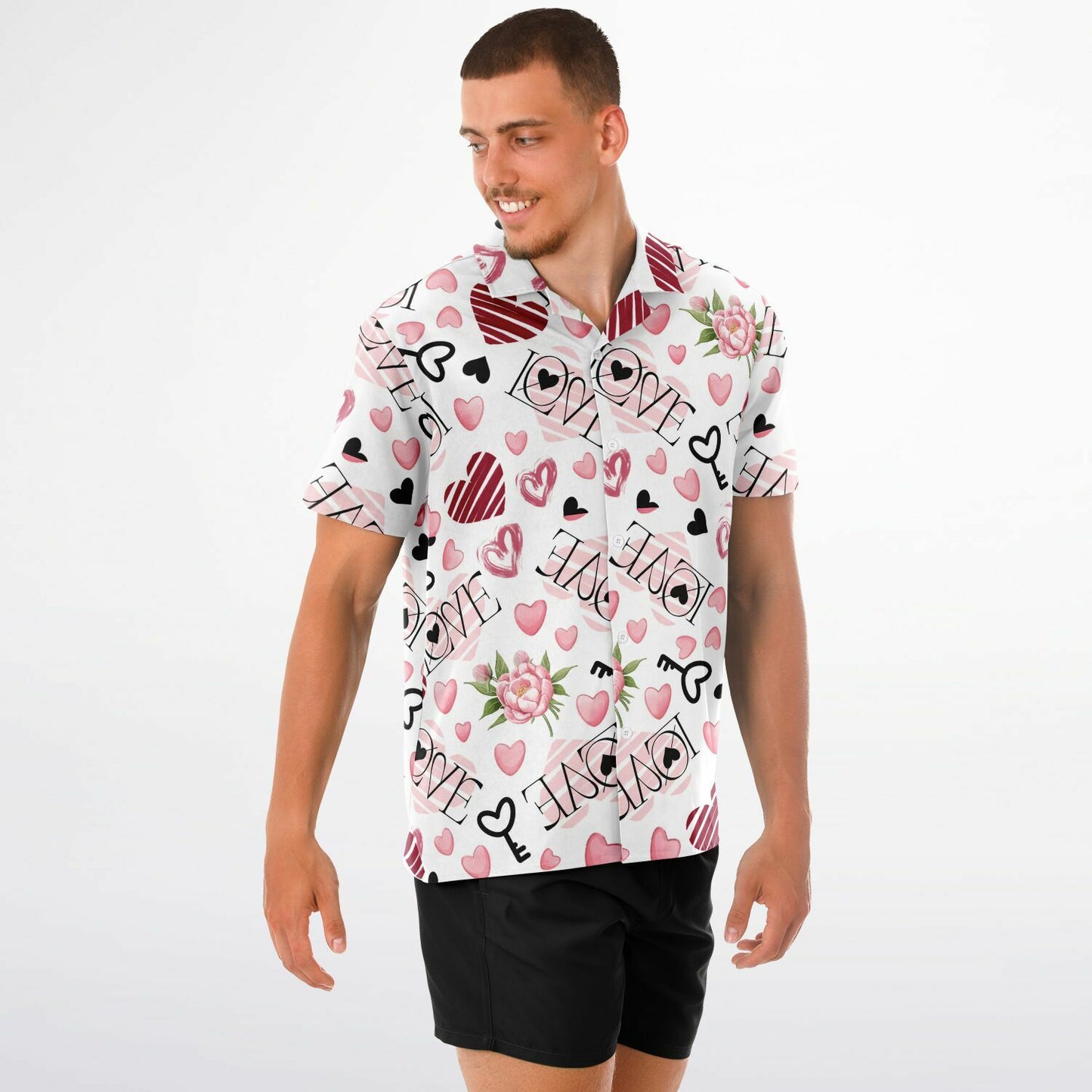 Heart Patterned Spread Collar Short Sleeve Button-Down Shirt – Stylish AOP for Casual Comfort