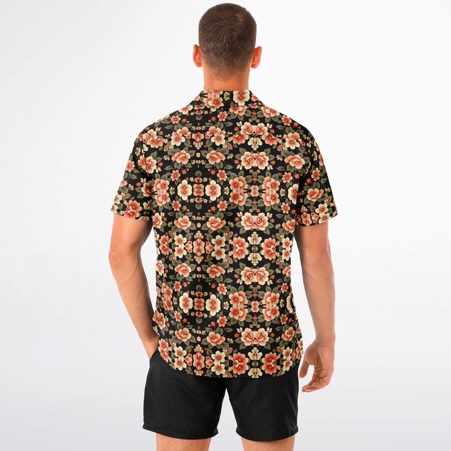 Black Floral Spread Collar Short Sleeve Button-Down Shirt - Bold & Trendy AOP