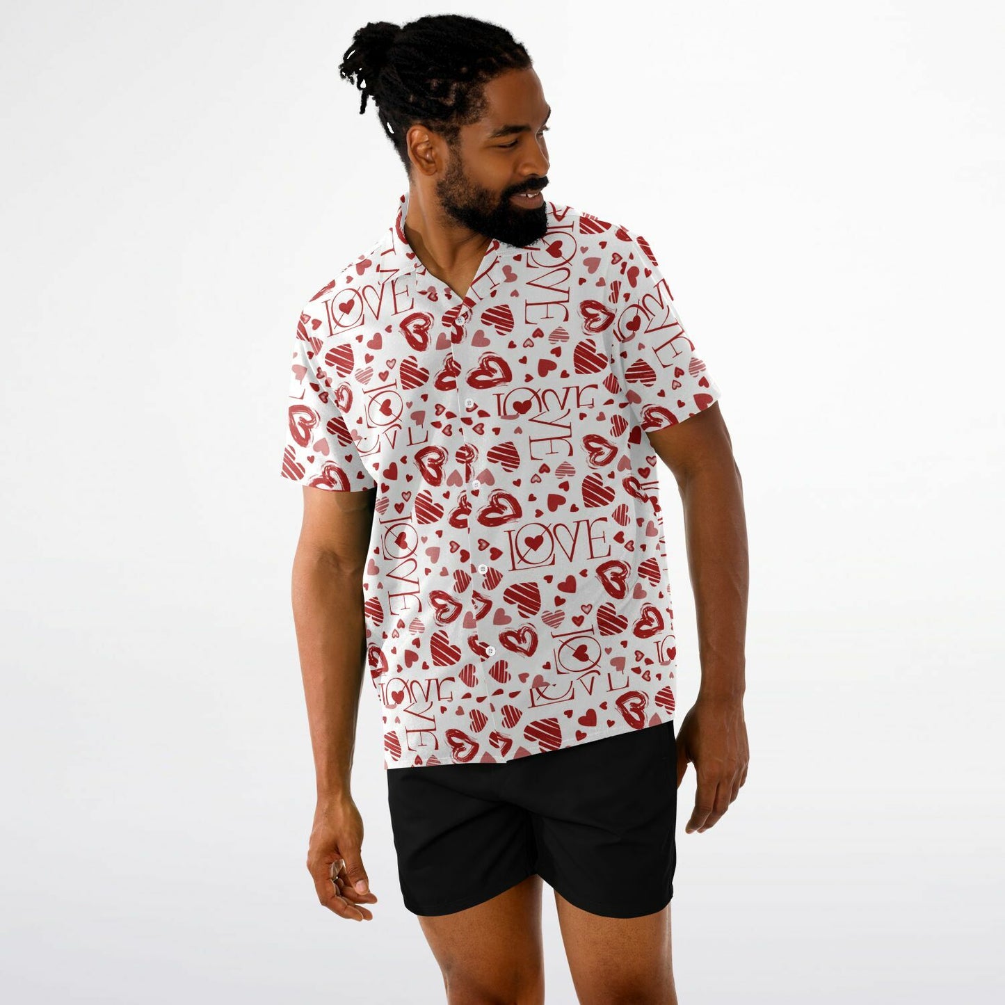 Heart patterned- Spread Collar Short Sleeve Button-Down Shirt - AOP