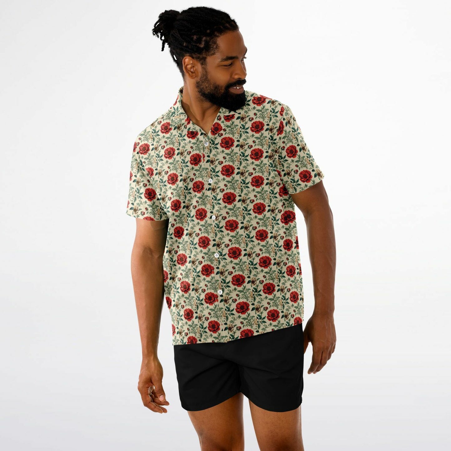 All-Over Rose Print Button-Down Shirt - Short Sleeve Spread Collar