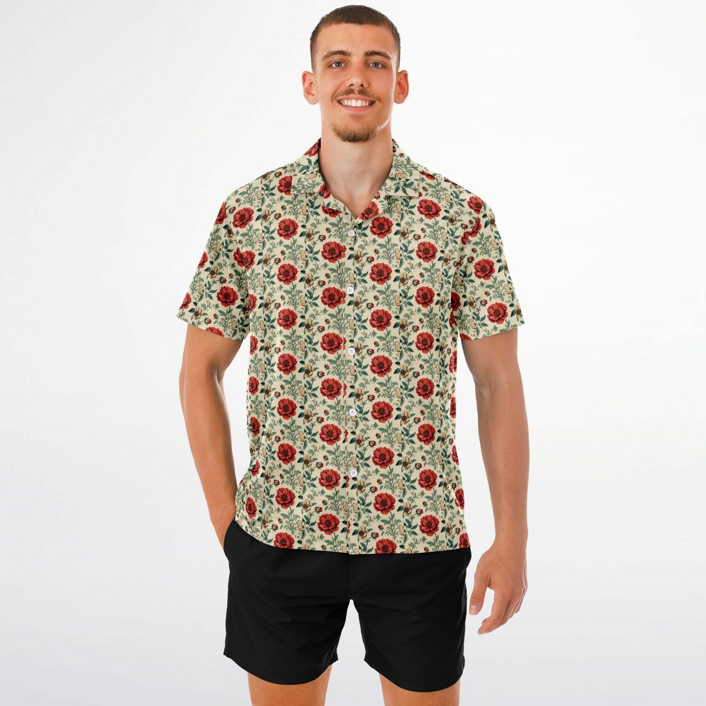 All-Over Rose Print Button-Down Shirt - Short Sleeve Spread Collar