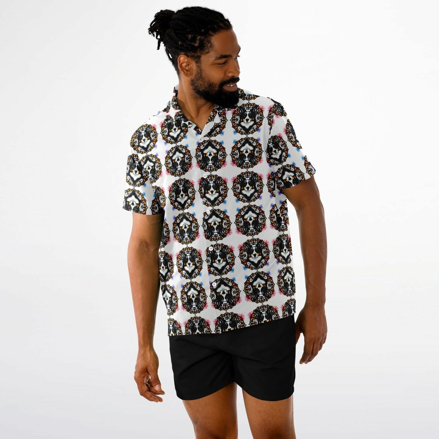 All-Over Dog Print Button-Down Shirt - Short Sleeve Spread Collar