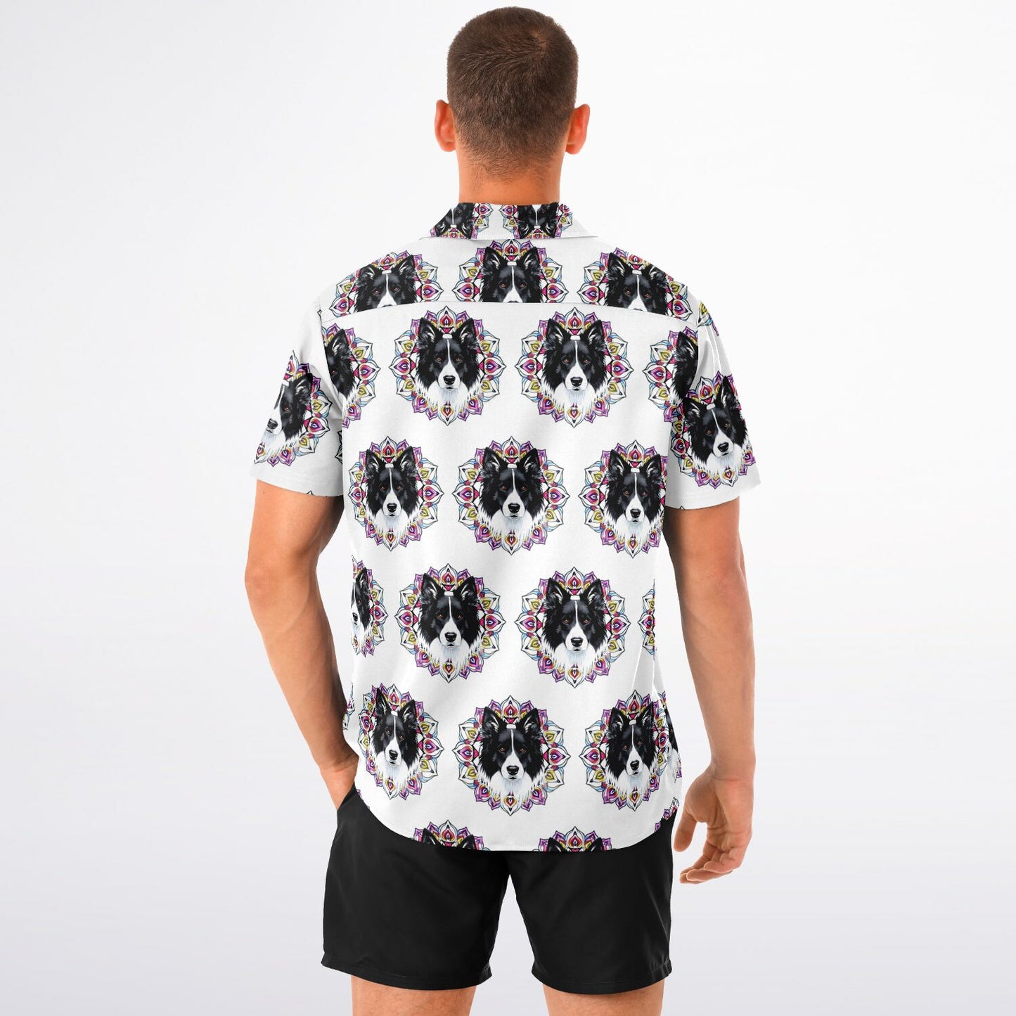 All-Over Dog Print Button-Down Shirt - Short Sleeve Spread Collar