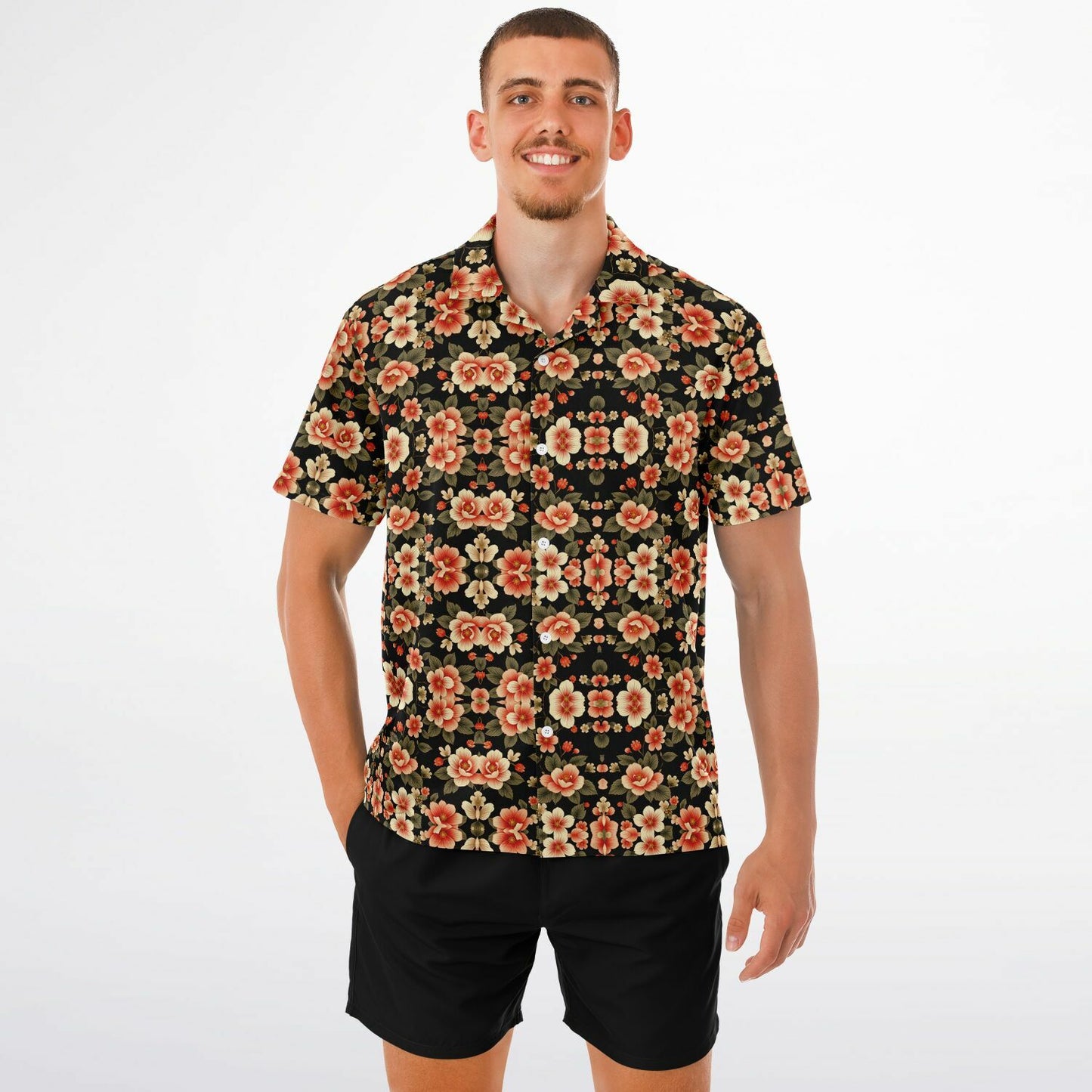 Black Floral Spread Collar Short Sleeve Button-Down Shirt - Bold & Trendy AOP