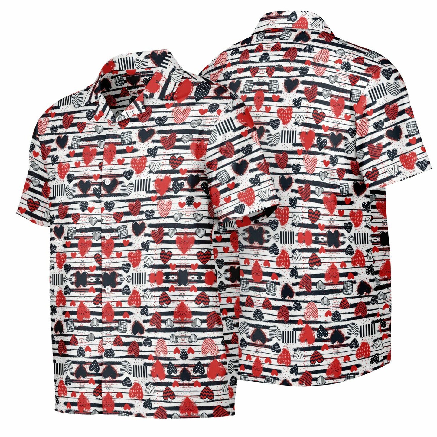 Heart-Pattern Spread Collar Short Sleeve Button-Down Shirt – Stylish & Lightweight AOP