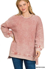 Zenana Full Size Acid Washed Double Ribbed Hi-low Sweatshirt Plus Size