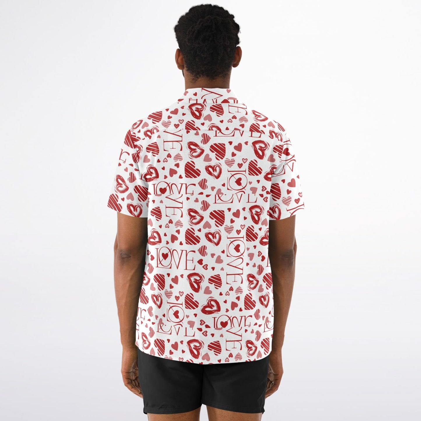 Heart patterned- Spread Collar Short Sleeve Button-Down Shirt - AOP