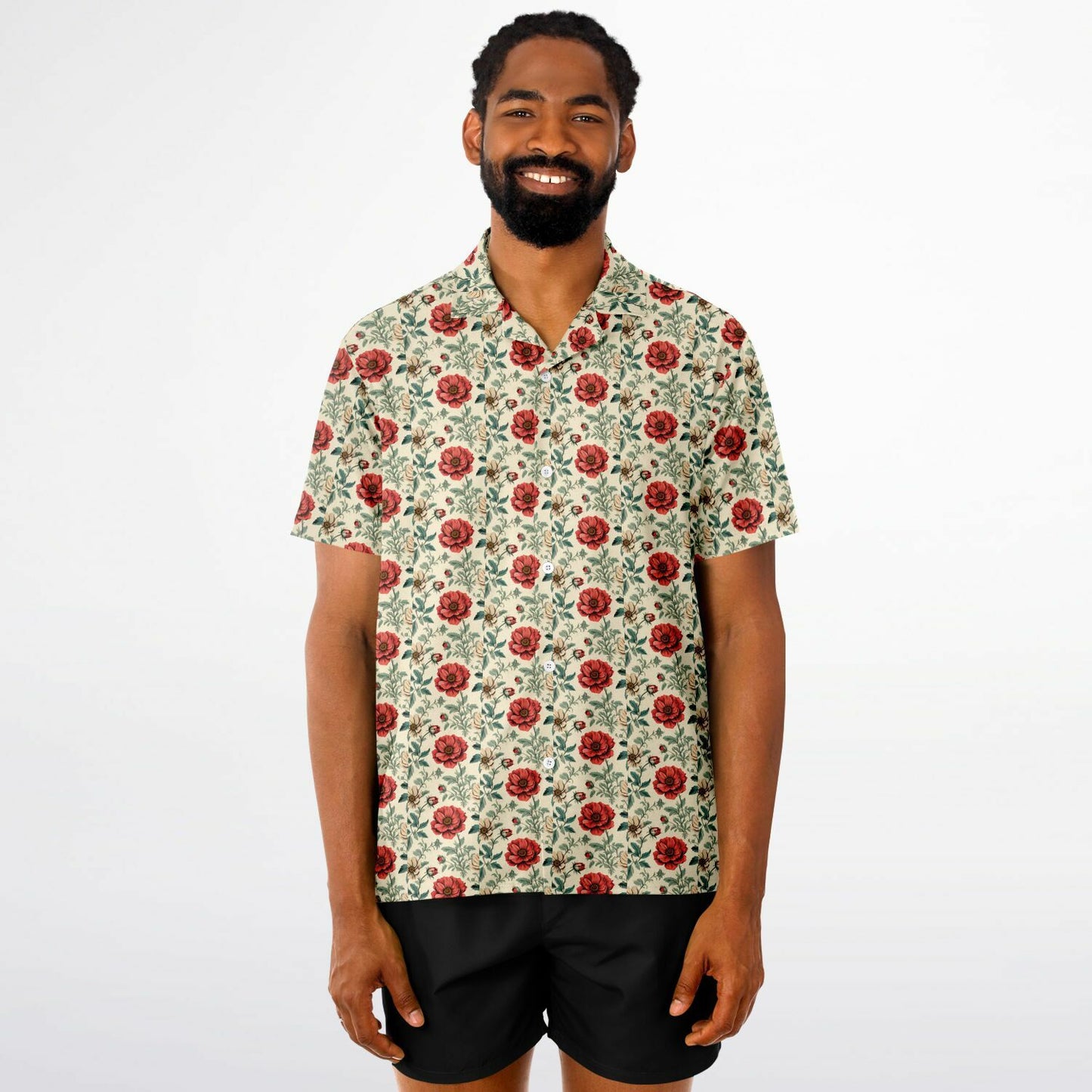 All-Over Rose Print Button-Down Shirt - Short Sleeve Spread Collar