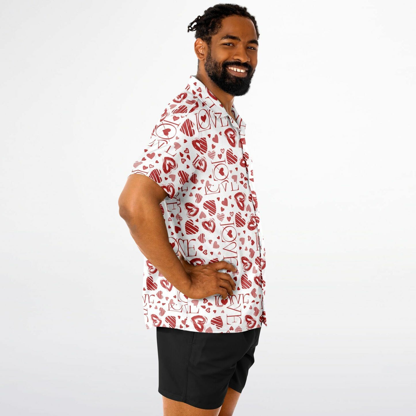 Heart patterned- Spread Collar Short Sleeve Button-Down Shirt - AOP