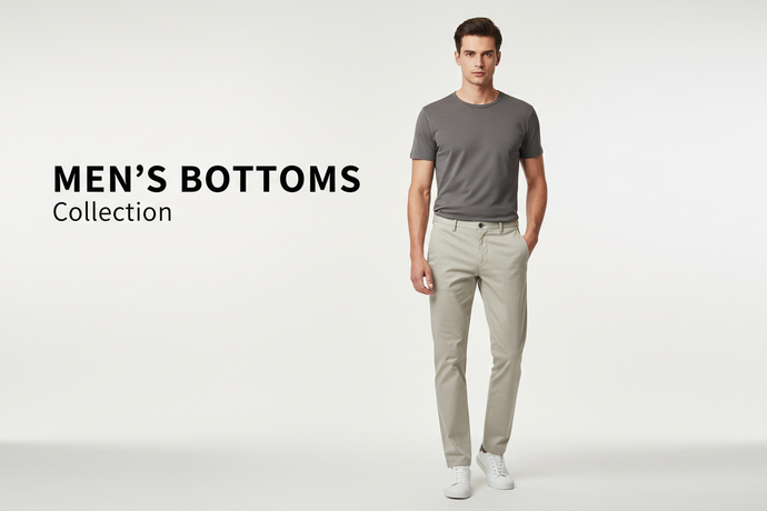 Generate a clean and modern banner for the MEN’S BOTTOMS collection. Display a stylish male model wearing chinos, joggers, cargo pants, or tailored trousers. Use a minimal background with balanced lighting to highlight fabric and fit. Add bold clean text inside the image saying ‘MEN’S BOTTOMS’. Style similar to Mango Man or Uniqlo Men.