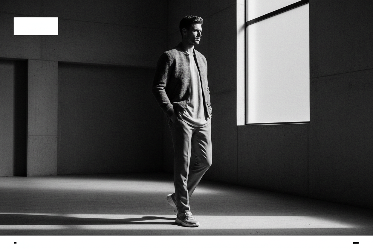 High-contrast black-and-white fashion banner, male model in modern casual wear, strong lighting, luxury fashion mood, minimal typography space
