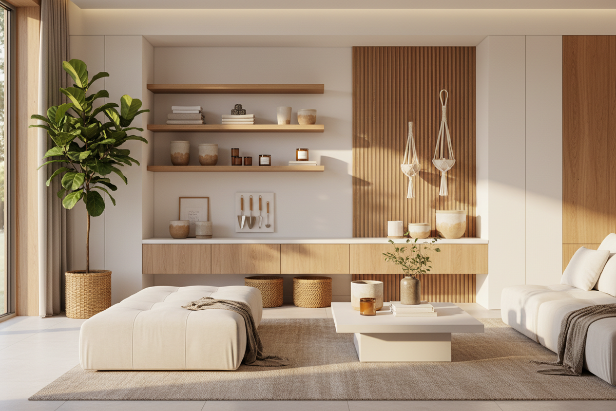 Bright, organized living room with practical storage and decor