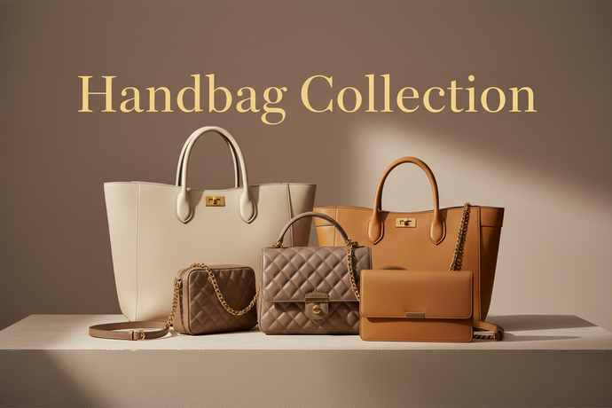 Luxury-styled hero banner featuring fashionable handbags with elegant lighting and neutral background. Add sophisticated text: ‘Handbag Collection’. High-fashion vibe, glossy finish, perfect for Shopify collection pages.