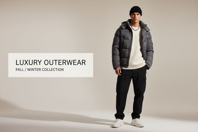 Men’s outerwear collection, stylish modern male model wearing premium winter jacket, layered streetwear outfit, clean neutral background with depth, soft cinematic lighting, sharp details, luxury e-commerce aesthetic, wide banner composition for website hero, high contrast, minimalist typography space, fall/winter fashion mood.