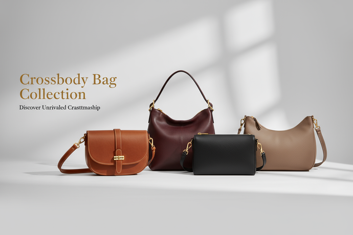 Modern e-commerce banner showcasing stylish Crossbody Bag Collection. Minimal studio background, soft shadows, premium leather textures, trending fashion colors. Add elegant text on image: ‘Crossbody Bag Collection’. Clean, high-end fashion look, optimized for Shopify homepage and collection hero image.