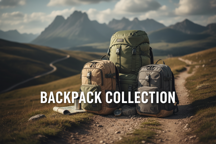 Modern outdoor-inspired banner showcasing durable backpacks. Neutral or adventure-themed backdrop, clean product focus. Add bold, clean text: ‘Backpack Collection’. Minimalist, trendy, lifestyle-driven aesthetic."