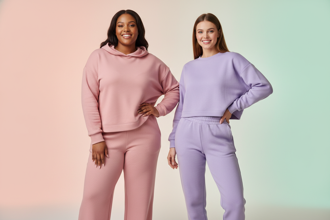 Plus size and standard model wearing trendy matching sets, pastel background, soft fashion lighting.
