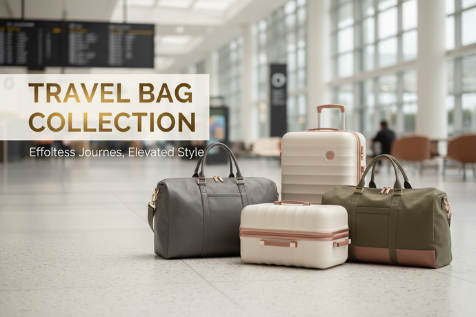Premium banner for the Travel Bag Collection featuring travel duffles, weekender bags, and carry-ons. Stylish airport or neutral travel aesthetic. Add bold modern text: ‘Travel Bag Collection’. Sleek, travel-ready look designed for high-conversion Shopify pages.