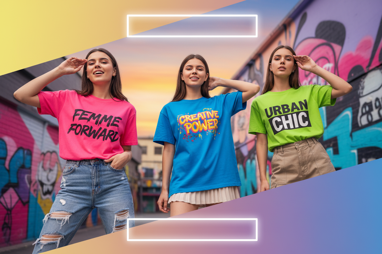 Vibrant rectangular Shopify banner (1200x400) featuring trendy women wearing colorful graphic t-shirts with modern typography prints, fun urban background with wall art or soft gradient tones, dynamic composition, youthful and expressive style, modern lighting, space for text overlay, optimized for both desktop and mobile